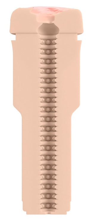 Beige, cylindrisk konstgjord vagina med strukturerad insida och rundad övre del, tillverkad av mjukt imiterat material.