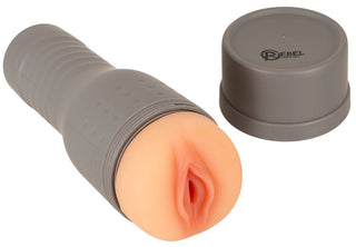 Grå, realistisk vaginal onaniprodukt tillverkad av mjukt material med ett avtagbart lock.