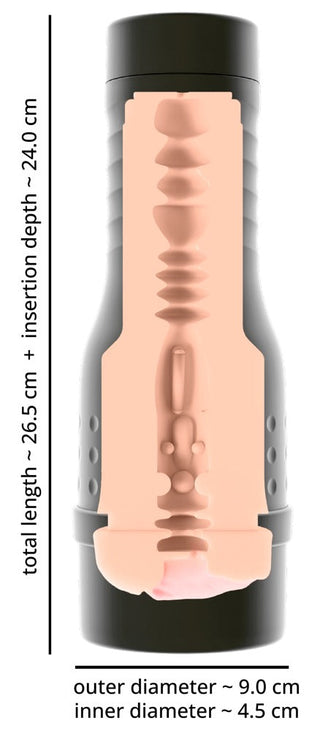 Rebel V-Stroker Melissa-masturbator, svart och genomskinligt silikon, cylindrisk diskret design med detaljerad strukturerad insida.