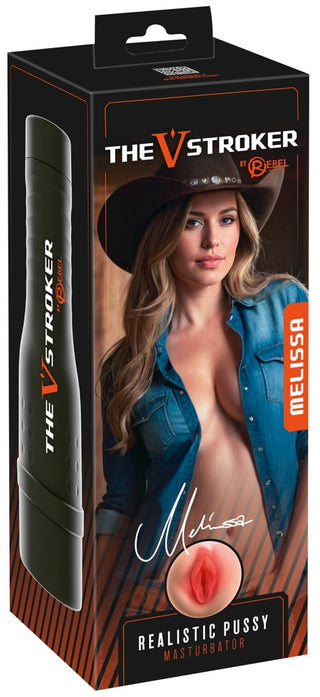 Förpackning till Rebel V-Stroker Melissa-masturbatorn med själva produkten, tillverkad i hudfärgat material med realistiska detaljer.