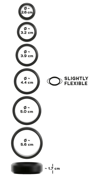 Ett set med sex genomskinliga silikonringar, var och en med en diameter på 2,6–5,6 cm och en höjd på 1,7 cm, avsedda för stretching.