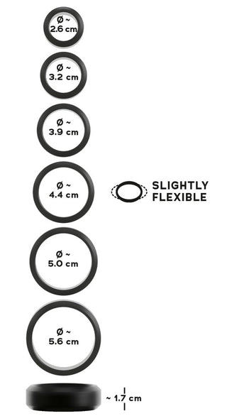 Ett set med sex genomskinliga silikonringar, var och en med en diameter på 2,6–5,6 cm och en höjd på 1,7 cm, avsedda för stretching.