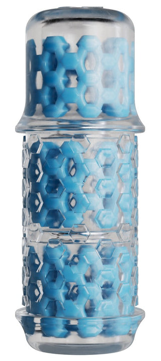 Genomskinlig cylindrisk hylsa med hexagonmönstrat hölje och blå inre komponenter.