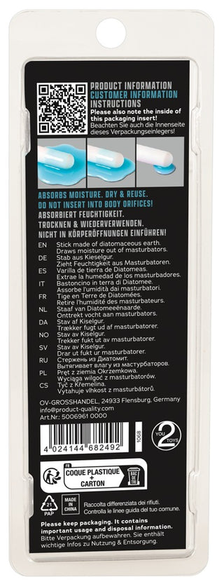 Absorptionspinne för onaniprodukter, tillverkad av kiselgur, avbildad med vitt handtag och tryckta instruktioner på förpackningen.