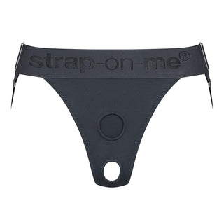 Svart underklädessele i mjukt elastiskt material med strap-on-me-midjeband och två runda öppningar framtill.