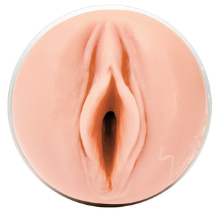 Realistisk silikonmasturbator i ljus hudton, cylindrisk design, visad uppifrån och ner.