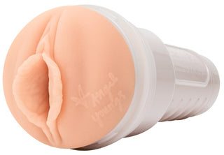 Vit handhållen Fleshlight masturbator med realistisk vaginal öppning, tillverkad av Superskin-material.