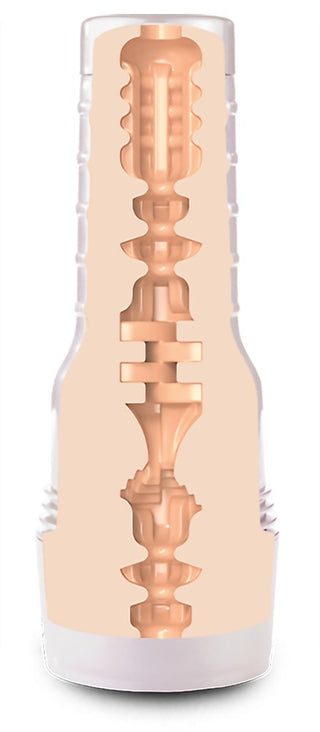 Fleshlight masturbator i ljus hudton, med ett tvärsnitt av den texturerade Superskin-inredningen och den cylindriska designen.