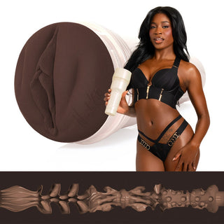 Fleshlight Nicole Kitt Purrrrrfection, en realistisk vaginalhylsa i hudfärgat Superskin-material, visad tillsammans med diagram.