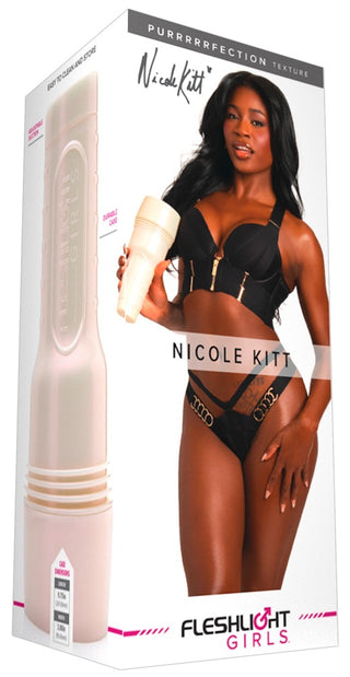 Fleshlight Nicole Kitt Purrrrrfection i svart, tillverkad av Superskin-material, med en realistisk inre hylsa.