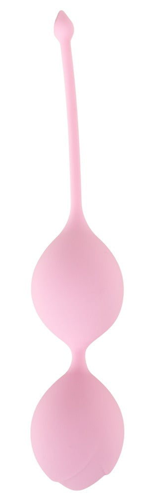Rosa dubbla kärleksbollar av silikon, sammankopplade med en snodd, avsedda för bäckenbottenträning.