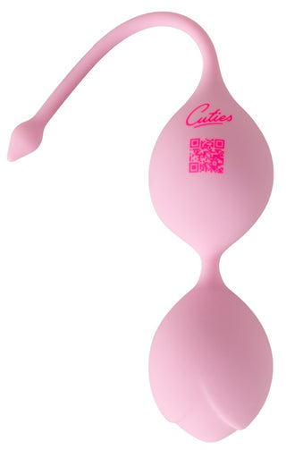Rosa dubbel kärleksboll i silikon med ett handtag i form av en ögla och en synlig QR-kod.