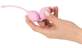 Rosa silikonbollar ”Double Love Ball Knipkulor Cuties”, Kegelbollar med utdragningssnöre, avsedda för bäckenbottenträning.