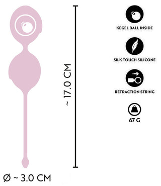 Två rosa dubbla kärleksbollar av silikon, sammankopplade med ett snöre; varje boll är 3 cm bred; total längd 17 cm.