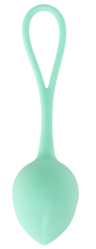 En mintgrön kärleksboll i silikon med ett öglehandtag, med en sömlös, rundad design mot en vit bakgrund.