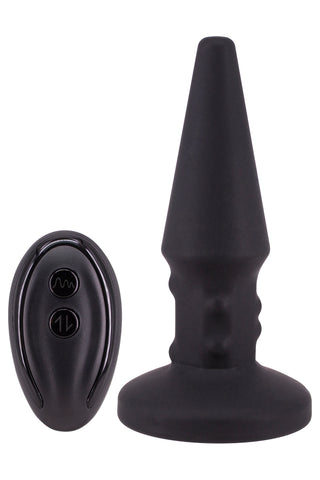 Rimming Buttplug Med Fjärrkontroll är en analplugg i svart silikon med vibration och fjärrkontroll, som visas tillsammans på en vit bakgrund.