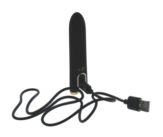 En svart Crave Bulletvibrator med USB-laddning visas inkopplad mot en vit bakgrund.