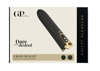 Crave Bulletvibrator kommer i svart och guld Guilty Pleasure Indulge Collection-förpackning och har en vattentät design med USB-laddning för bekvämlighet och ökad njutning.