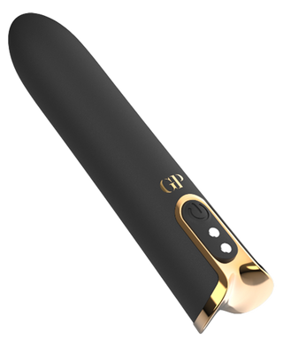 Crave Bulletvibrator har en elegant design i svart och guld, lättanvända kontrollknappar, en böjd, smidig form, vattentät finish och bekväm USB-laddning.