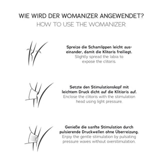 Utforska tydliga instruktioner för Womanizer OG-stimulatorn, med illustrationer av appliceringsstegen. Med Pleasure Air™-teknik kan du njuta av oöverträffad komfort samtidigt som du får åtkomst till text på tyska och engelska.