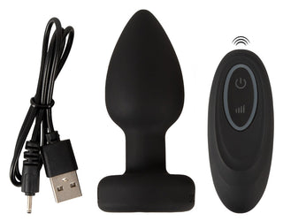 LED Buttplug med Vibration i svart, med kraftfulla vibrationer, LED-belysning, USB-laddningskabel och en trådlös fjärrkontroll.