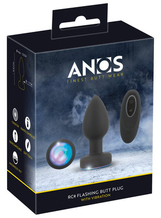 Detaljhandelsförpackningen för LED Buttplug med Vibration visar produkten, fjärrkontrollen och LED-belysningseffekter på förpackningen för denna analplugg med vibration.