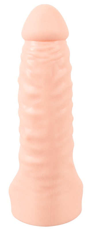 Double Fucker Med Vibration är en beige silikondildo med en räfflad textur, perfekt för dem som utforskar dubbel penetration.