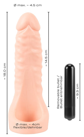Double Fucker Med Vibration inkluderar en silikonhylsa med specifika mått och en avtagbar kulvibrator för ökad njutning.