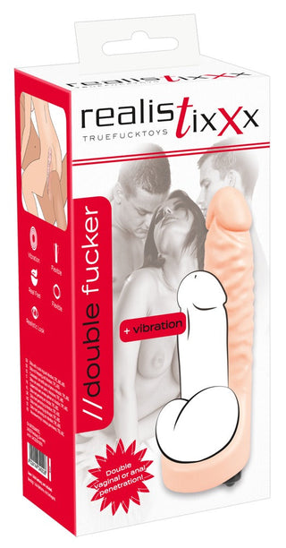Förpackningen för Double Fucker Med Vibration vuxenleksaken innehåller en produktbild och beskrivande text, som betonar dess kulvibrator och dubbla penetrationsfunktioner.