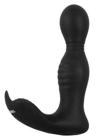 RC Buttplug 2 Funktioner är en prostatamassager i svart silikon med en böjd bas och ett räfflat skaft, designat för optimal prostatastimulering.
