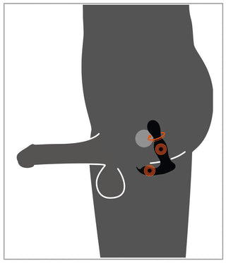 Stiliserad illustration av ett mänskligt reproduktionsorgan med markerade spiralmekanismer, som visar upp RC Buttplug 2 Funktioners dubbla motoriska analvibratorvägar för förbättrad prostatastimulering.
