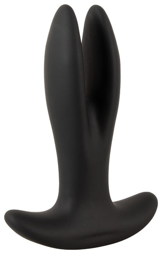 ANOS RC Vibrerande Analspridare, en svart silikon analvibrator med dubbel spets och böjd bas, visad mot en vit bakgrund.