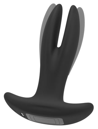 ANOS RC Vibrerande Analspridare: Svart analvibrator i silkeslen silikon, med delad böjd design, utsvängd säkerhetsbas och trådlös fjärrkontroll för enkel användning.