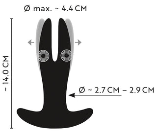 ANOS RC Vibrerande Analspridare är ett svart, gaffelformat tillbehör tillverkat av silkeslent silikon, som mäter cirka 14 cm högt, 4,4 cm brett och 2,7–2,9 cm vid basen.