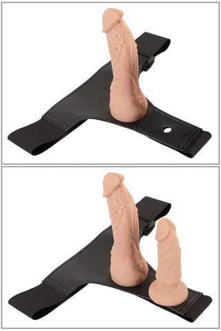 Strap-on Set med Vibrator innehåller två realistiska dildos och en svart sele som visas tillsammans och separat, vilket gör den perfekt för mångsidig lek.