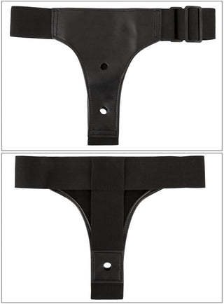 Strap-on Set med Vibrator i svart läder med justerbart midjeband, visas fram och bak mot en vit bakgrund. Kompatibel med realistiska dildos för en anpassningsbar upplevelse.
