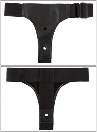 Strap-on Set med Vibrator i svart läder med justerbart midjeband, visas fram och bak mot en vit bakgrund. Kompatibel med realistiska dildos för en anpassningsbar upplevelse.