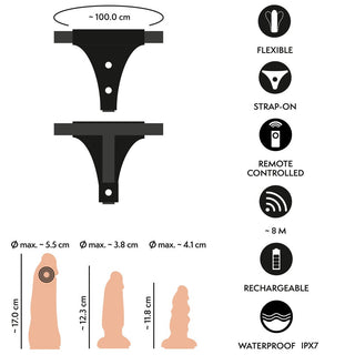 Diagram över Strap-on Set med Vibrator: flexibel, fjärrstyrd (vibrator med fjärrkontroll), uppladdningsbar och vattentät - perfekt för dig som vill ha innovativt designade, realistiska dildos.