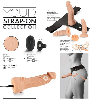 Strap-on Set med Vibrator: Inkluderar realistiska dildos, harness, vibrator med fjärrkontroll och laddningskabel, visas på midjemodell.