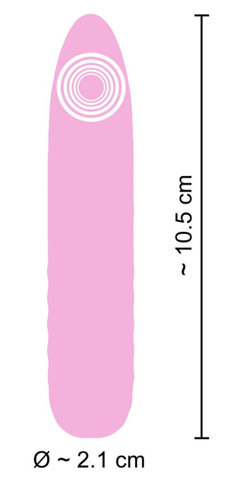 En illustration föreställer Tystgående Mini Vibrator Cuties: ett rosa, avlångt föremål med en Soft Touch-struktur. Den liknar en vertikal oval med koncentriska cirklar i toppen, som mäter ungefär 10,5 cm i höjd och 2,1 cm i diameter.