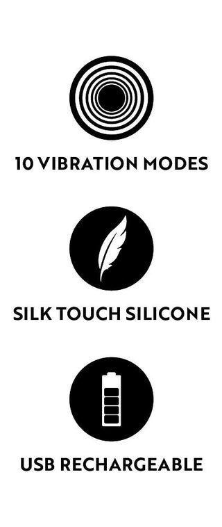 Bilden har tre sektioner: en cirkulär ikon med koncentriska linjer märkta "10 vibrationslägen" för Tystgående Mini Vibrator Cuties, en fjäderikon som läser "Silk Touch Silicone" som betyder dess Silkeslen Soft Touch-textur, och en batteriikon som visar "USB Rechargeable", allt på en vit bakgrund.