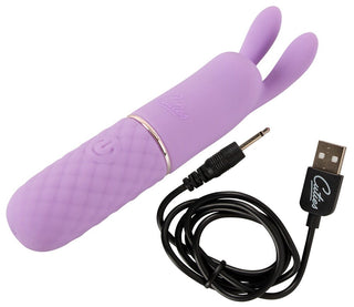 Upplev glädje med Mini Vibrator Cuties Med öron. Den är gjord av silkeslen material och har ett vadderat handtag. Njut av oavbrutna sessioner med dess laddningsbara kraft, inklusive en laddningskabel utrustad med både USB- och ljudjackkontakter för mångsidig användning.