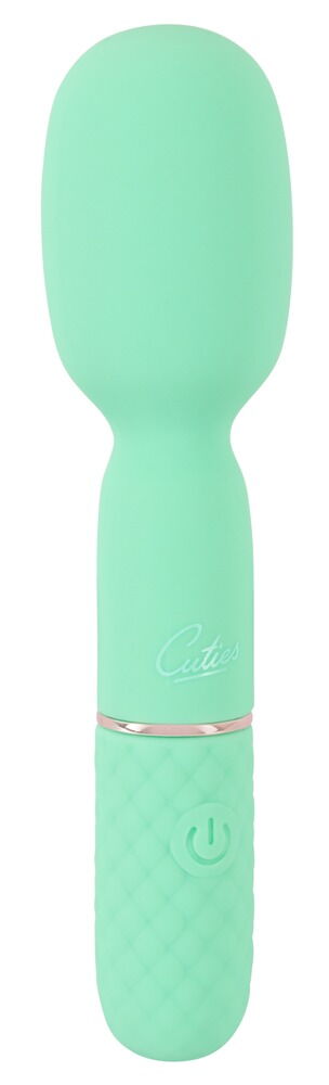 Cuties Mini Wand Grön är en mintgrön uppladdningsbar massageapparat med ett texturerat handtag och präglat varumärke, perfekt för dig som letar efter en kompakt minivibrator.