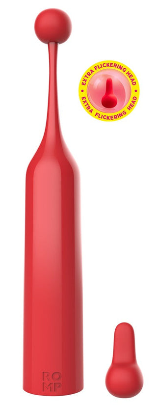 ROMP Pop klitorisvibrator i röd silikon med lång hals, runt huvud och utbytbart tillbehör; vattentät design.