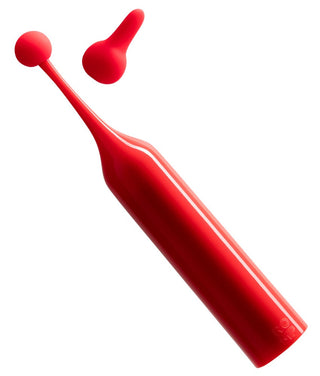 Röd ROMP Pop klitorisvibrator med avtagbart runt silikonhuvud, visad mot en vit bakgrund.