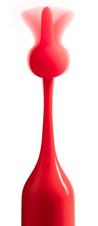 Röd ROMP Pop Klitorisvibrator med slät, böjd design och matt yta, visas mot en vit bakgrund.