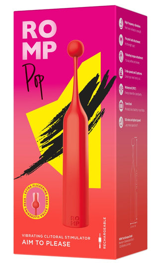 Röd ROMP Pop klitorisvibrator i snygg förpackning, tillverkad av slät silikon med ergonomiska designfunktioner.