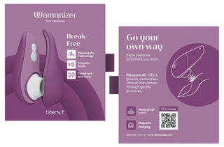 Womanizer Liberty 2 Luftvibrator-förpackningen har en lila design som betonar dess Pleasure Air Technology, vattentäta kapacitet, magnetisk laddning och reselås för äventyr. En linjeteckning pryder höger sida.