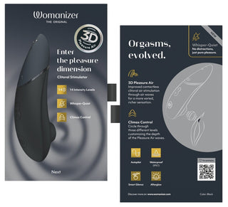 Förpackningen till Womanizer Next 3D Luftrycksvibrator framhäver funktioner som 14 intensitetsnivåer, Smart Silence-teknik och klimaxkontroll. Med viskande tyst drift och 3D Pleasure Air-teknik utlovar den förbättrad njutning – orgasm utvecklats.
