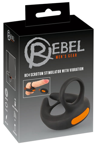 Vibrerande Scrotumstimulator Rebel-förpackningen, med en produktbild, kombinerar modern design och funktionalitet. Den framhäver dess dubbla syfte som en cockring, som visar upp innovativa funktioner för ultimat njutning.